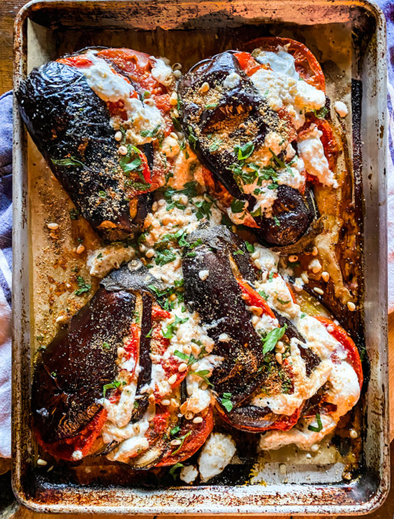 Summer's End Roasted Eggplant with Tomatoes and Burrata Our Italian