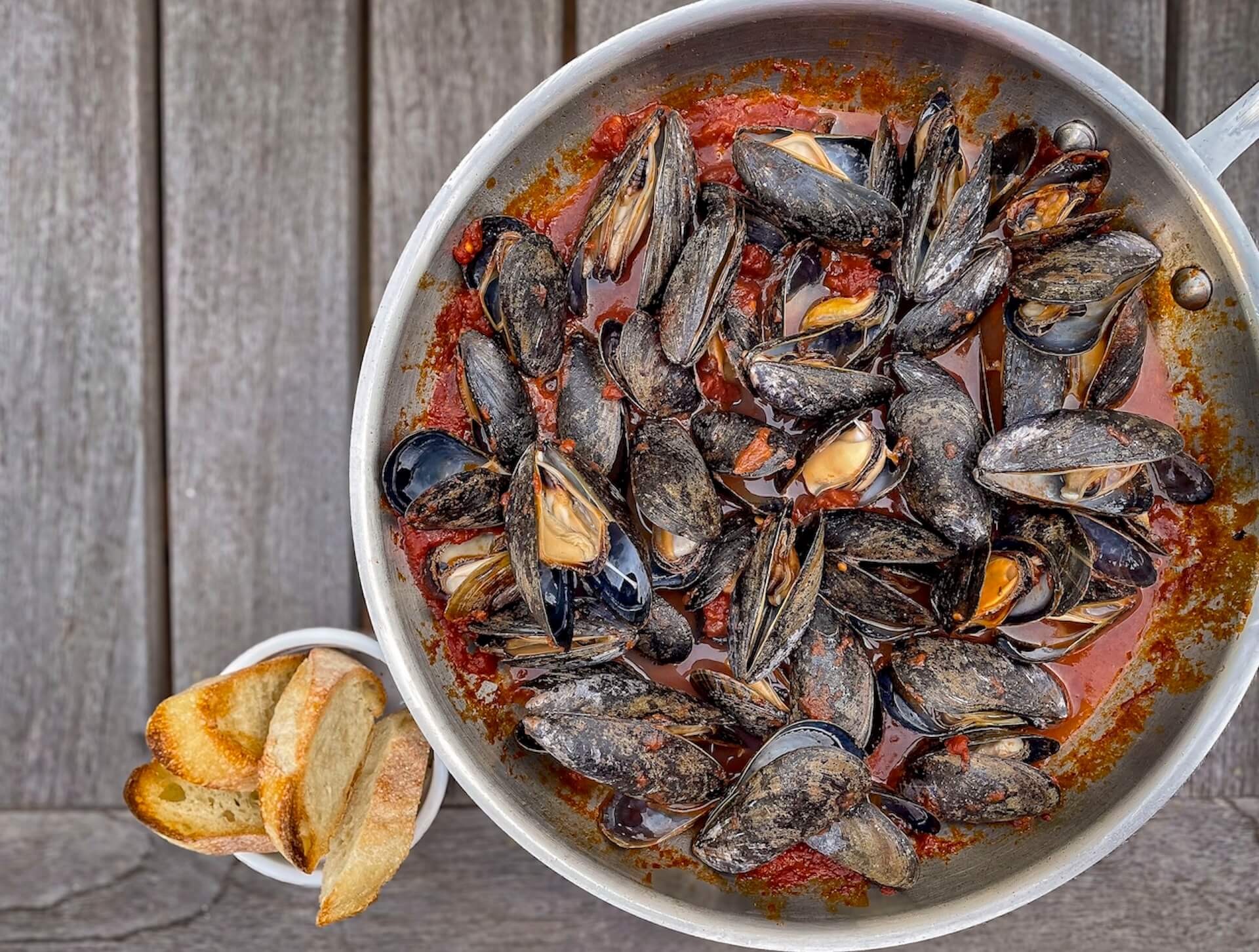 food picture - mussels in tomato sauce - overhead shot