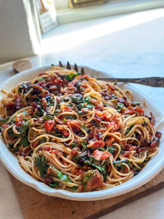 Pasta with Roasted Tomatoes, Swiss Chard and Pancetta