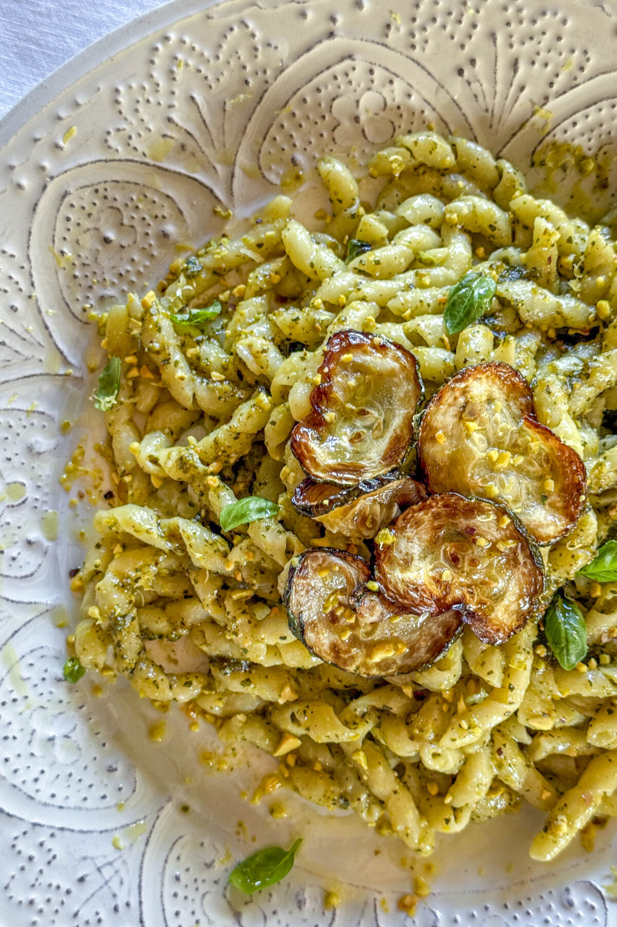 Busiate Pasta with Basil-Pistachio Pesto and Fried Zucchini | OurItalianTable.com