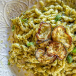 Busiate Pasta with Basil-Pistachio Pesto and Fried Zucchini | OurItalianTable.com