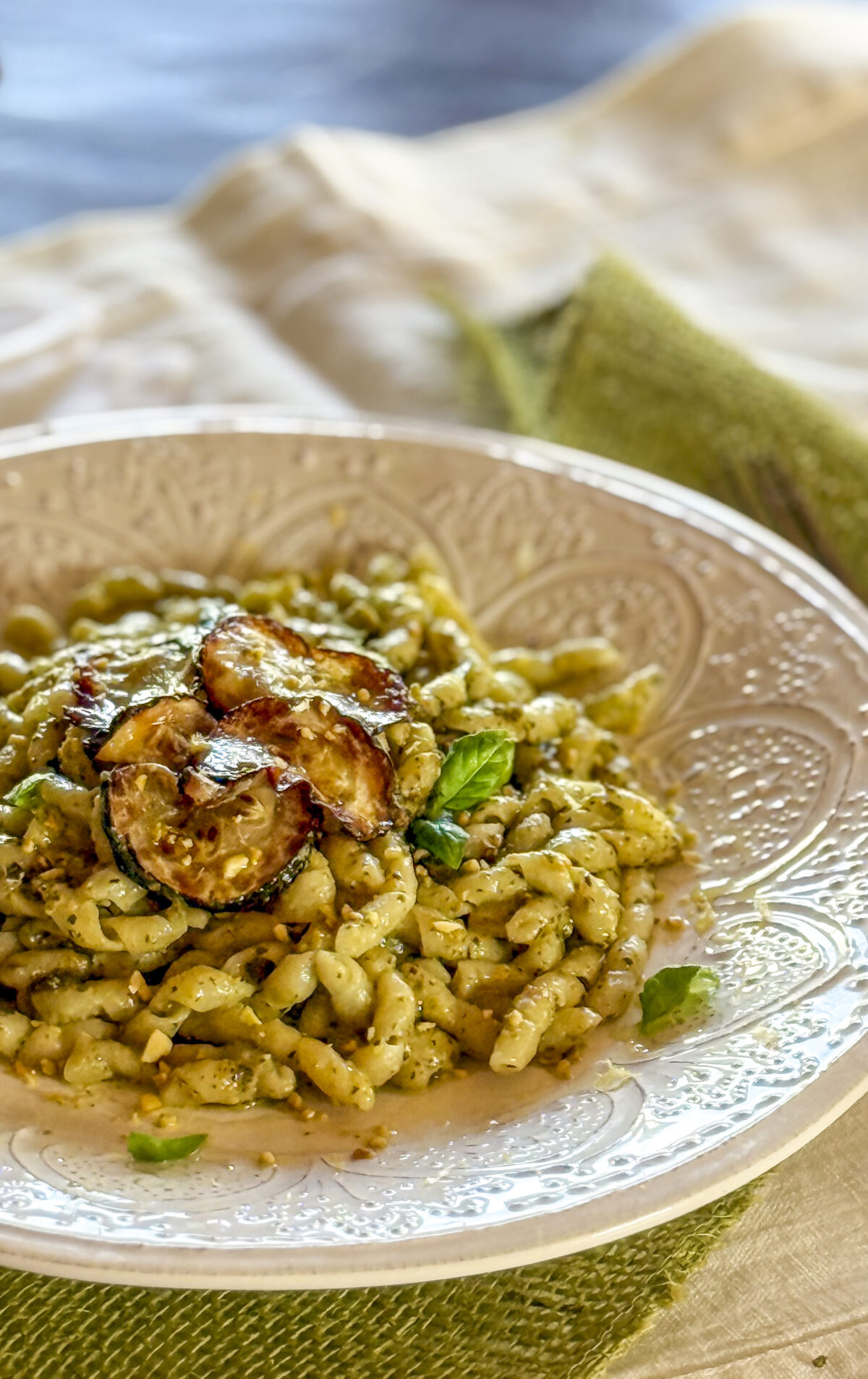 Busiate Pasta with Basil-Pistachio Pesto and Fried Zucchini | OurItalianTable.com
